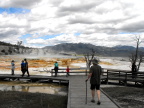  S strides along the boardwalk, Mammoth Hot Springs, Yellowstone