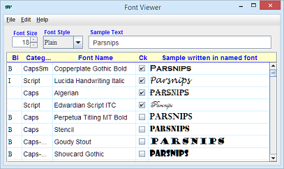 FontViewer showing some fonts for string "Parsnips"