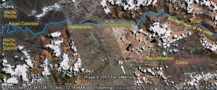 Satellie image spanning Machu Picchu and Cusco