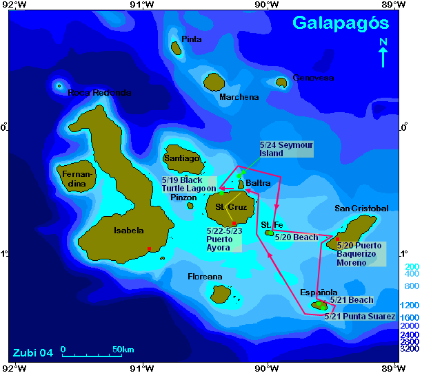 Map of Galapagos with our journey noted