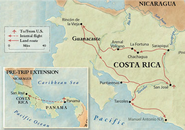 The trip marked on a map of Costa Rica