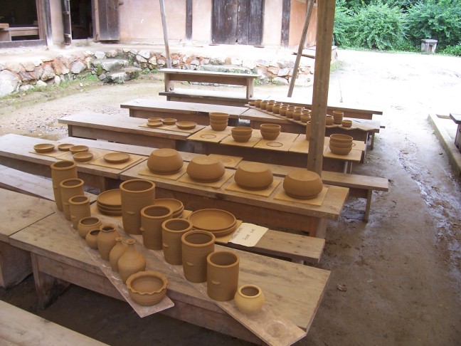 Pots drying before being fired.