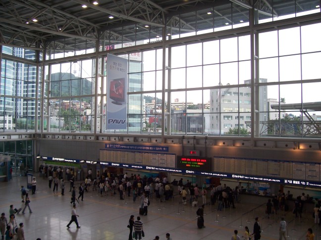 The ticket area is downstairs for KTX and local train alike. Seoul tower is just to the right of the top of the mountain.