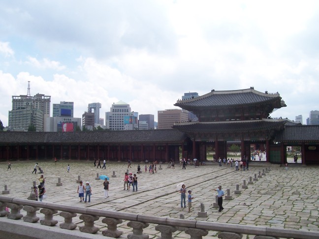 From the throne room--had the dynasty lived on--the king could survey a chunk of modern Seoul. The standing stones in the courtyard have numbers to indicate where each rank of officials was to stand.