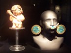  Inca gold: miniature warrior, full size nose and ear decorations. Uncomfortable? Larco Museum, Lima