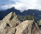  Carved rocks mimic the mountains (Putukusi on the left), Observatory, Machu Picchu 