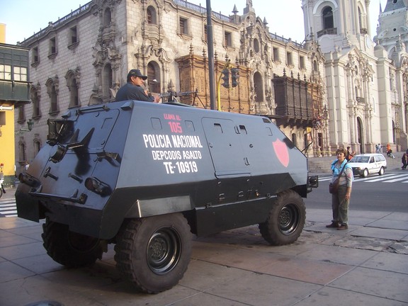 Police assault vehicle, preparing for a demonstration, Lima