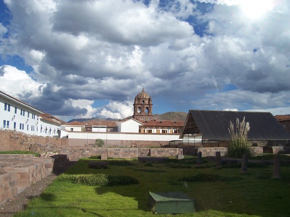 Tower that the Spanish added to the Incan Temple of the Sun, seen from ruins being restored to its North