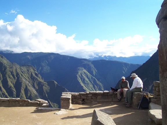 Eddy and Bill await us at the temple plaza, Machu Picchu