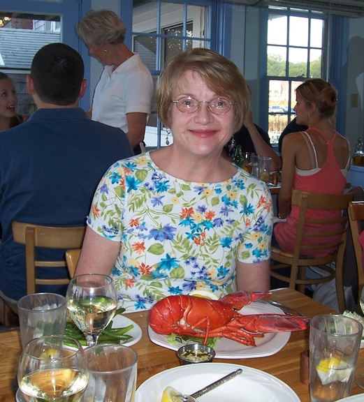 The lobster pots are not just for show; here S enjoys one at the Greenery, Rockport, MA