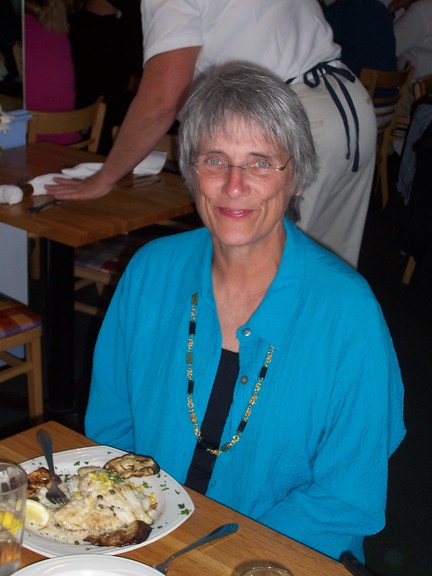 Sarah enjoys her sea bass at the Greenery, Rockport, MA