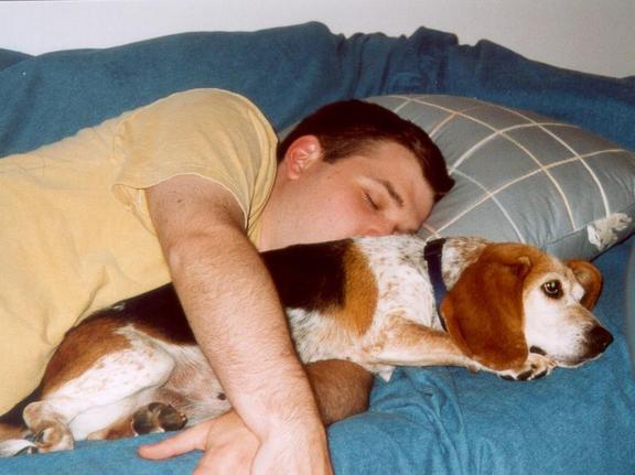Daisy napping with Derek, August, 2001