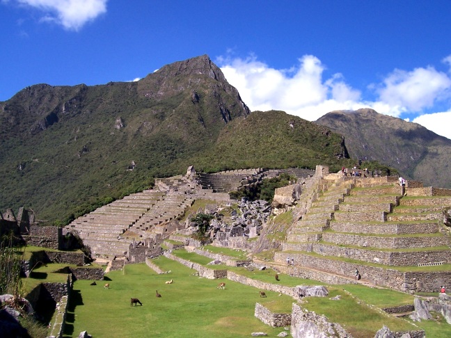 Machu Picchu "Observatory" on the right; down the middle are Machu Picchu mountain, the guardian hut, the agricultural terraces, and the main lawn