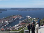  Bergen harbor; the hand is pointing toward Polar Star at the end of the pier (just below the boat that has left the wake)