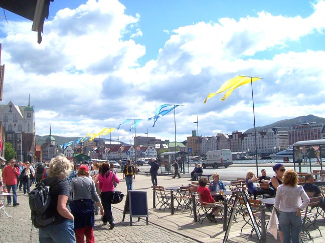 A windy day along the tourist walk in Bergen harbor