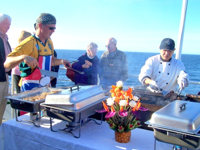 Barbeque dinner to celebrate crossing the arctic circle; there are no flowers here--just carved vegetables