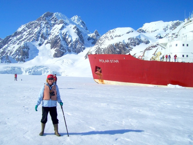 Susan on the ice after Polar Star demonstrated that it really was an ice breaker