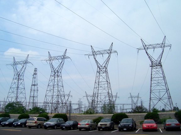 Power towers march across the landscape from the Sir Adam Beck Generating Station