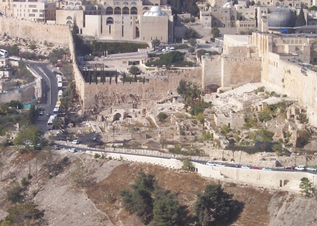  Looking west from the Mount of Olives, the original City of David is just outside the wall of the Old City. (Temple Mount is to the right.)