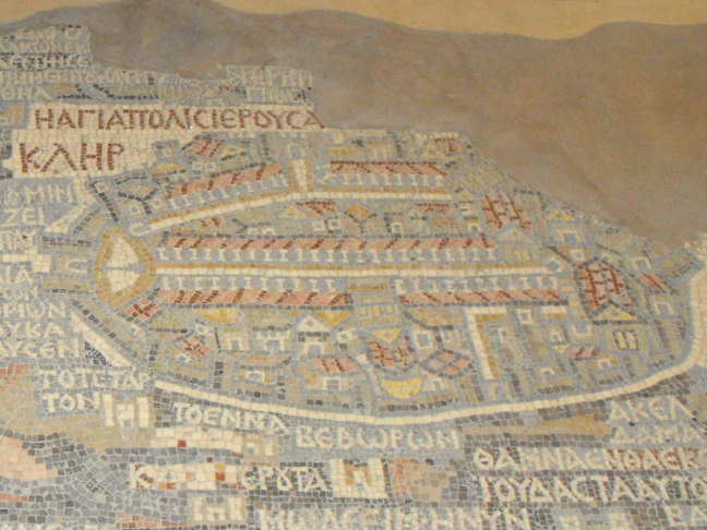  Jerusalem on the Mosaic Map; HAGIAPOLIC is "Sacred City", IEROUCA is "Jerusa"