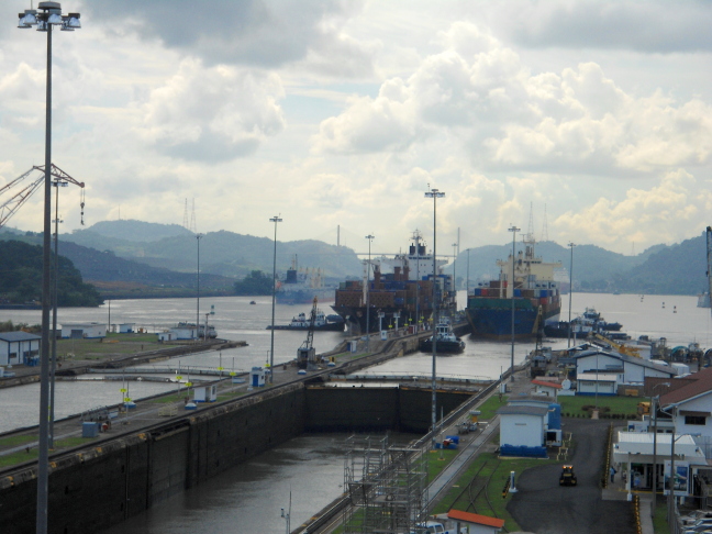  Two container ships entering Miraflores Locks on the Panama Canal