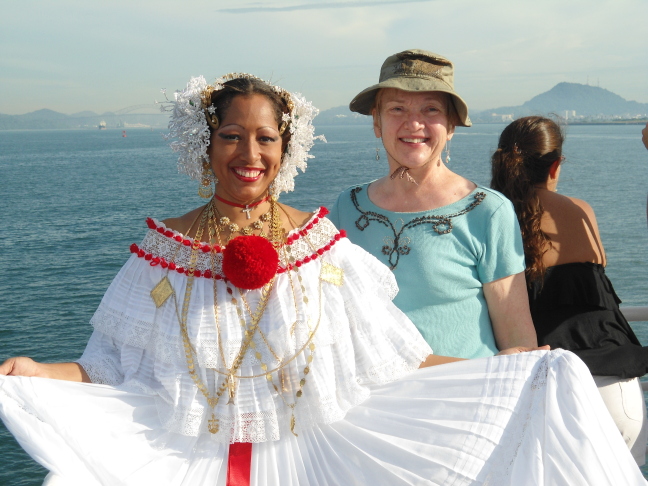  Posing in traditinal costume on our boat heading for the Panama Canal