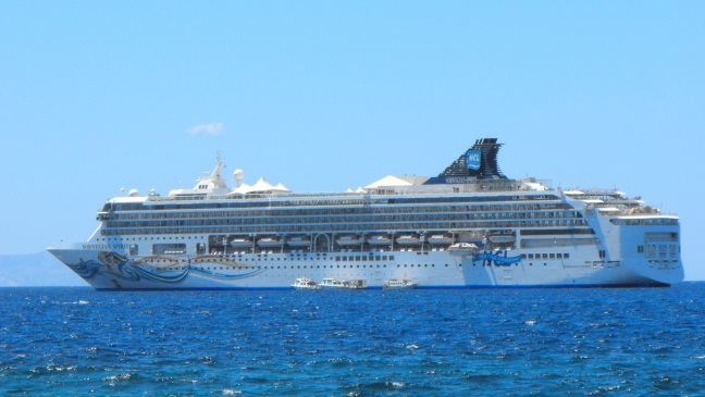  Our ship, the Norwegian Spirit, moored in Mykonos harbor