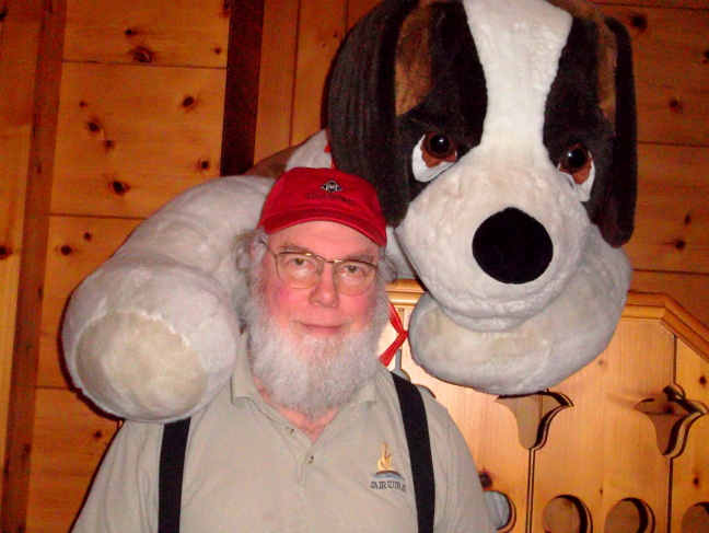  St. Bernard rescues Fred in the Edelweiss restaurant, Geneva. No brandy - that's a "busted" myth.