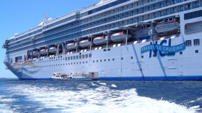  Port-side tenders ferrying passengers from Norwegian Spirit to dock in Mykonos