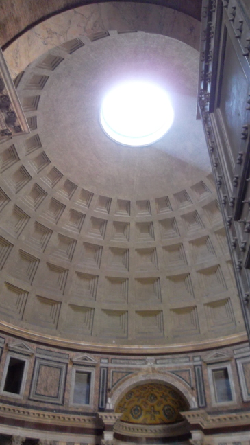  The Pantheon's dome is wider than St. Peters, but the Pantheon has an open oculus; floor drains cope with rain and snow. The indented squares are one of the tricks that lighten the dome.