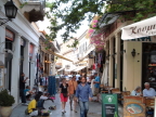  Shopping street in the old district of Plaka, in the shadow of the Acropolis, Athens.  Susan bought one of the blue scarves.