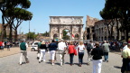  Arch of Constantine with Palatine Hill--home of Nero and other emperors--to the left and the Colosseum to the right