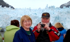  Susan and Fred shamelessly exploit the Margerie Glacier as their personal backdrop. The glacier groaned and cracked, but otherwise did not specifically object.