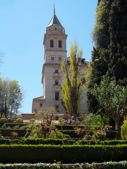  Gardens and church tower, Alhambra