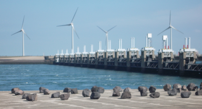 Delta Works windmills and storm barrier in province of Zeeland