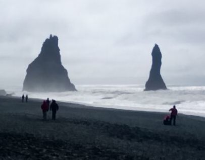 Rock stacks and black sand beach, SE Iceland -- windy day