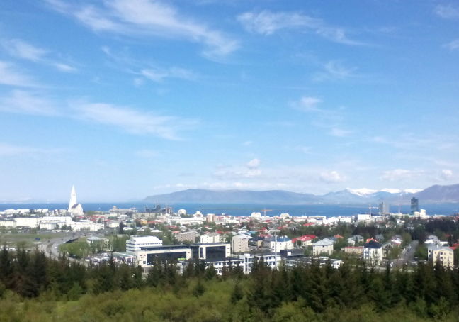 View of Reykjavik from round tower; Snaefellsness peninsula in the distance