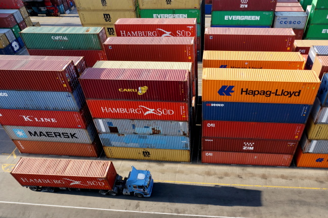 Containers piled high awaiting their ships, Buenos Aires