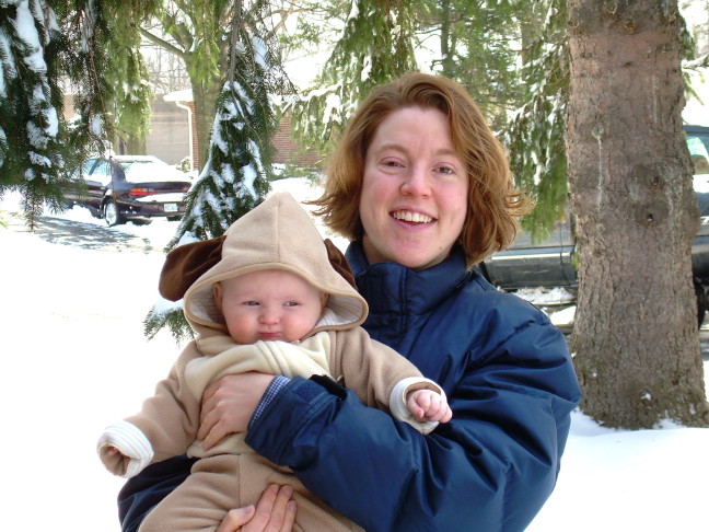 All bundled up and exploring the neighborhood with mommy