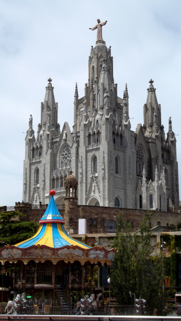 Tibidabo Cathedral del Sagrat Cor and an amusement park on Tibidabo Mountain overlooking Barcelona