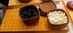  my oldest board, plastic bowls, glass stones
